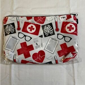 The Pouch Cosmetic Bag Red White NWT Medical Nursing Print Zipper Pouch